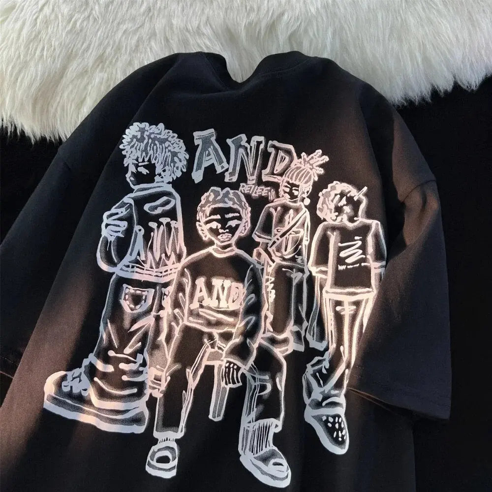 American Vintage Street Character Anime T Shirts Hip Hop Boys Hand Painted Grunge Y2K Tops Oversized Couples Harajuku Kawaii Tee