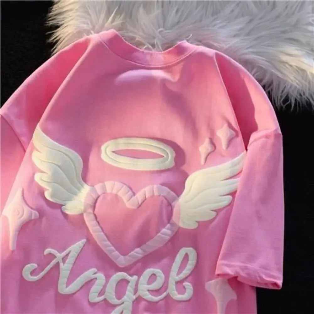 Cute Foaming Print Angel Love Hip Hop T Shirts Pure Cotton Oversized T  Shirt O-neck Loose Streetwear Couples Harajuku Y2K Tops