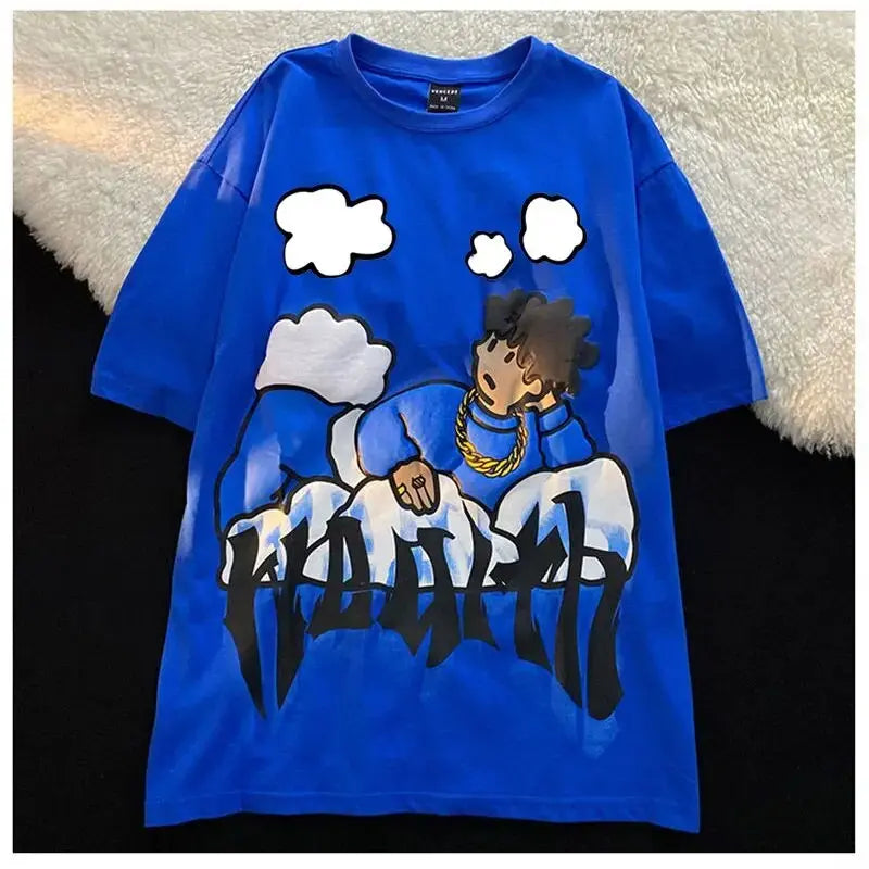 Harajuku Clouds Anime Boy Print High Street T Shirts Men Cool Hip Hop