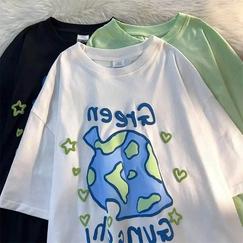 Harajuku Creative Green Cartoon Hand-Paint Short Sleeve T Shirts Oversized Kawaii Tee Summer Cotton Casual Tops Teenage Clothes Daulet Apparel