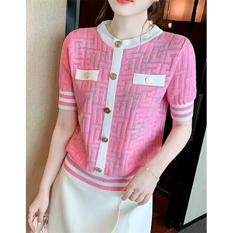 Retro Geometric Jacquard Crystal Diamonds Knitted T Shirts Comfort Summer Ice Silk Elegant Ladies Pink White Tops Korean Fashion Daulet Apparel