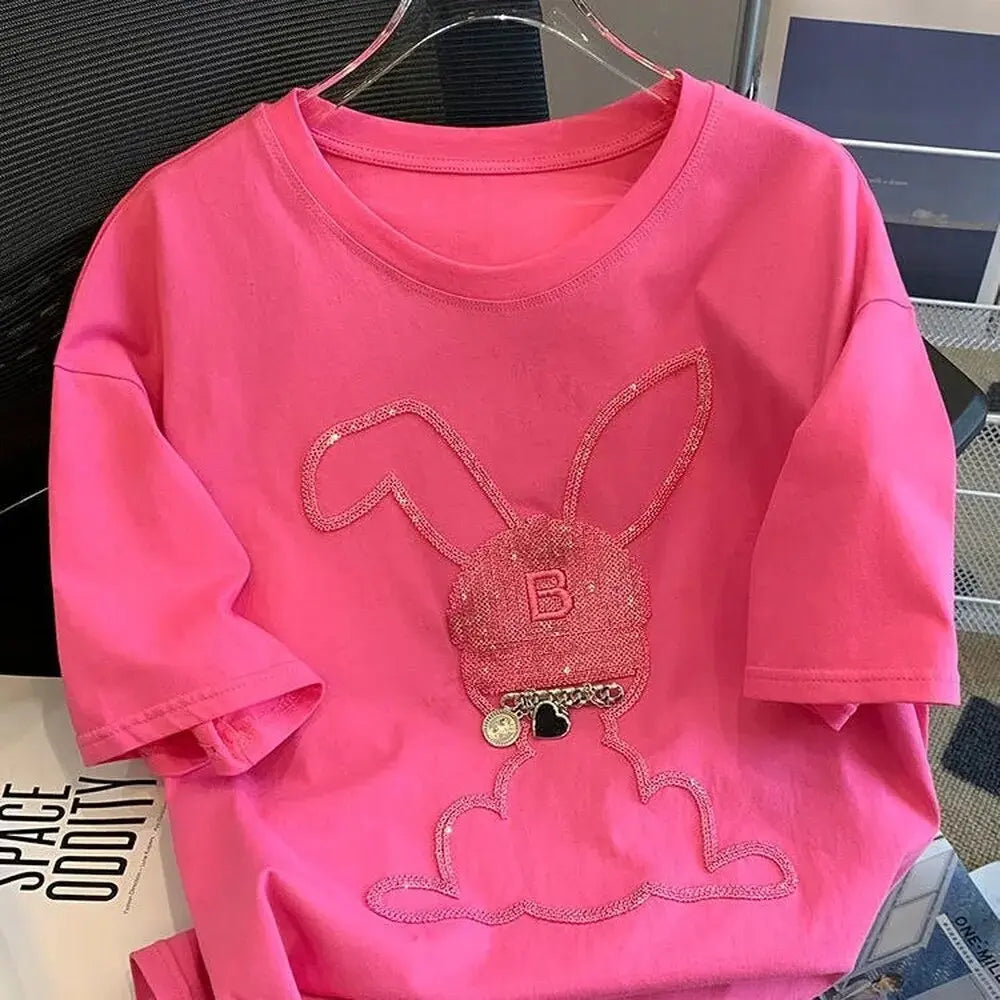 Rose Pink Summer Cotton Sequins Embroidery T Shirts Cute Bunny Rabbit Cartoon Y2k Top Women Girls Kawaii Shirts for Women Ladies Daulet Apparel