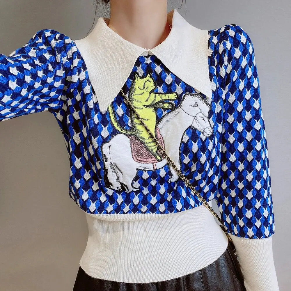 Splice Puff Sleeve Retro Acrylic Cat Horse Embroidery Sweaters Slim Crop Top Elegant Women Streetwear Kawaii Clothes Winter 2022 Daulet Apparel