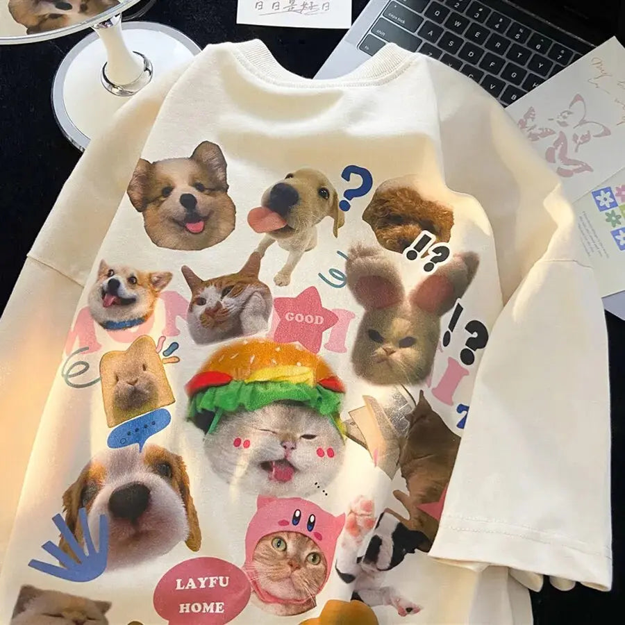 Super Cute Animal Dog Cat Printing T Shirts Lovely Cartoon Short Sleeve Tops Teenage Students Oversized Summer Tee Loose Casual Daulet Apparel