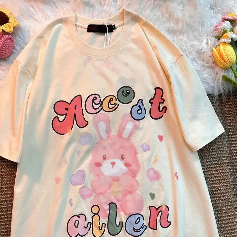 Super Cute Cartoon Painting Rabbit T Shirts Sweet Girls Preppy Kawaii Tee Cotton Material Summer Short Sleeve Tops Korean Trend Daulet Apparel