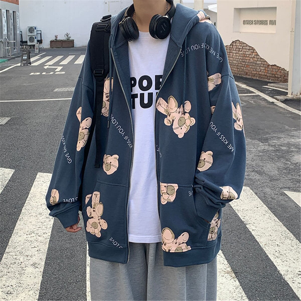 Blue Zip Up Jacket Boys Autumn Bear Print Hoodie Casual Long Sleeve Loose Harajuku High Street Tops Streetwear Men Punk Clothes Daulet Apparel