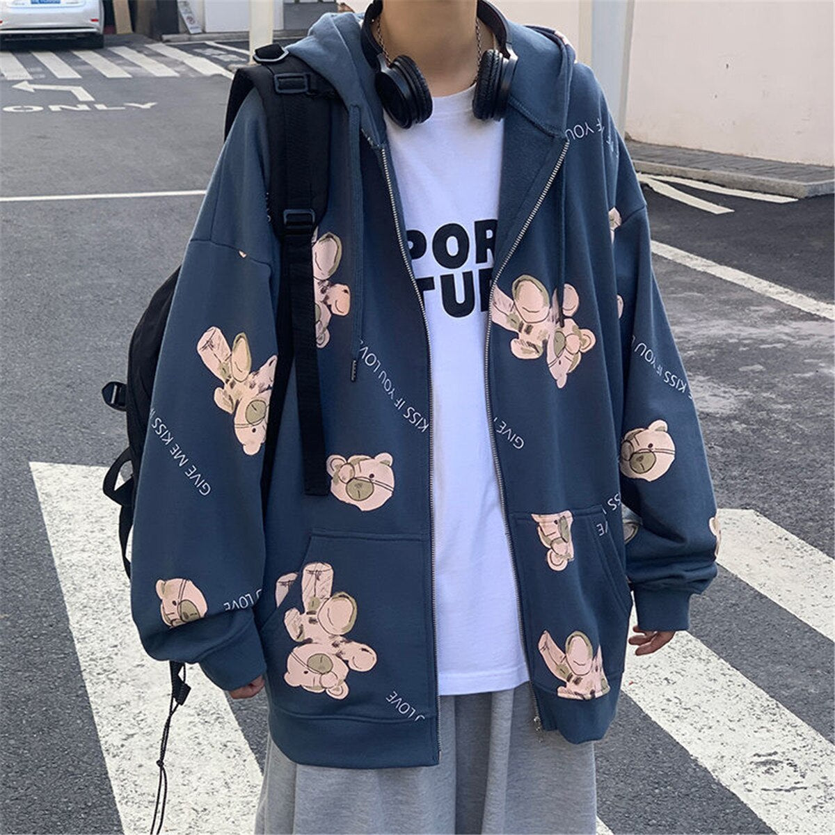 Blue Zip Up Jacket Boys Autumn Bear Print Hoodie Casual Long Sleeve Loose Harajuku High Street Tops Streetwear Men Punk Clothes Daulet Apparel