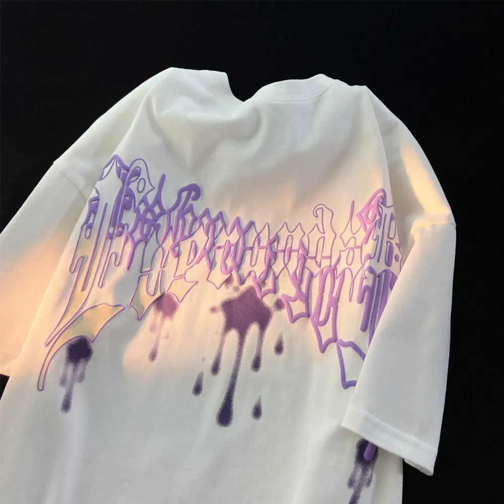 Purple Splash-ink Hip Hop Letters Graphic T Shirts Streetwear Oversized Short Sleeve Tops Summer Cotton Harajuku Couples Casual Daulet Apparel