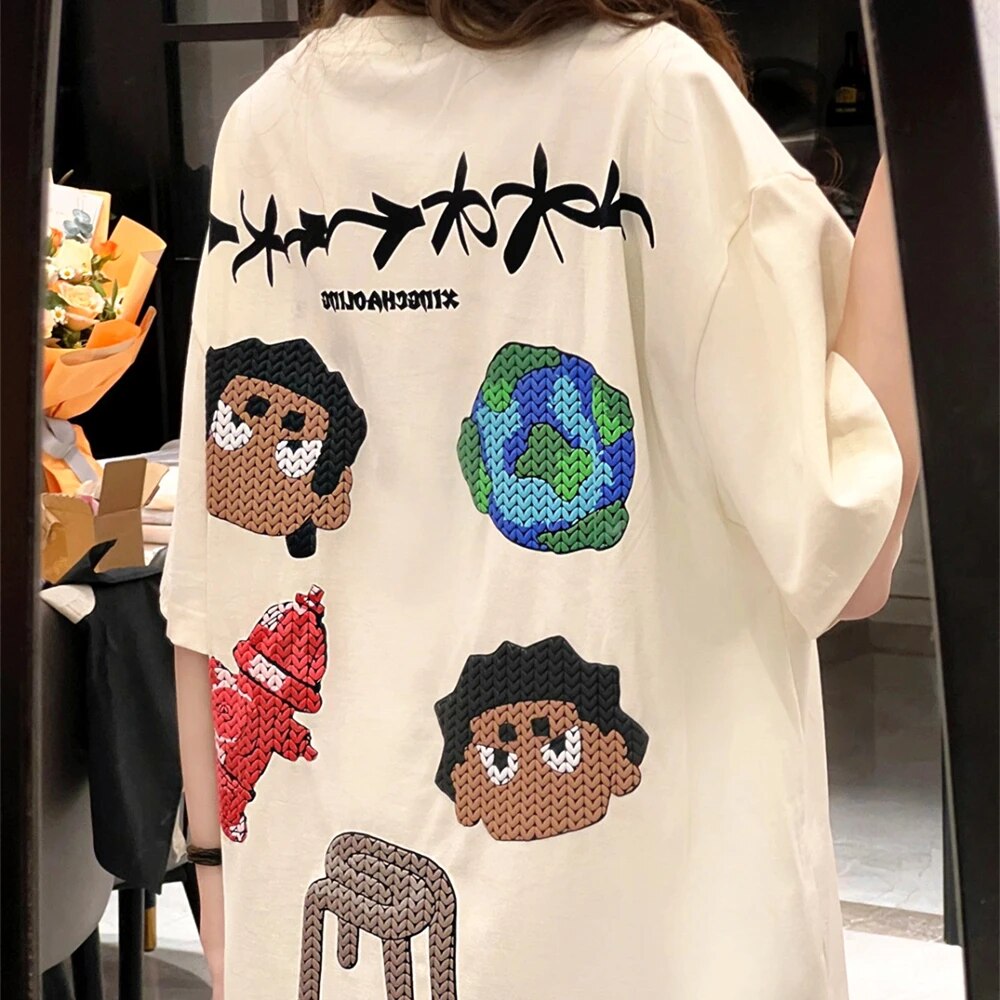 Street Trend Creative Cartoon Oversized Tops Earth and Human Graphic T Shirts Hip Hop Funny Short Sleeve Oversized Men Fashion Daulet Apparel